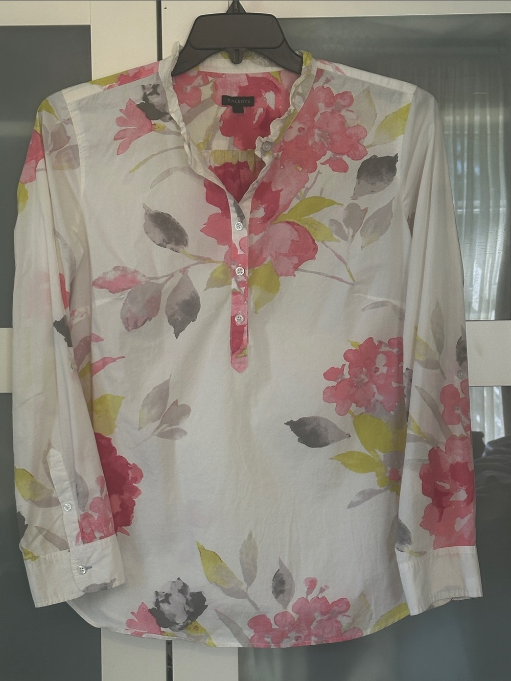 Talbots Pink & White Floral Ruffle-Neck Blouse